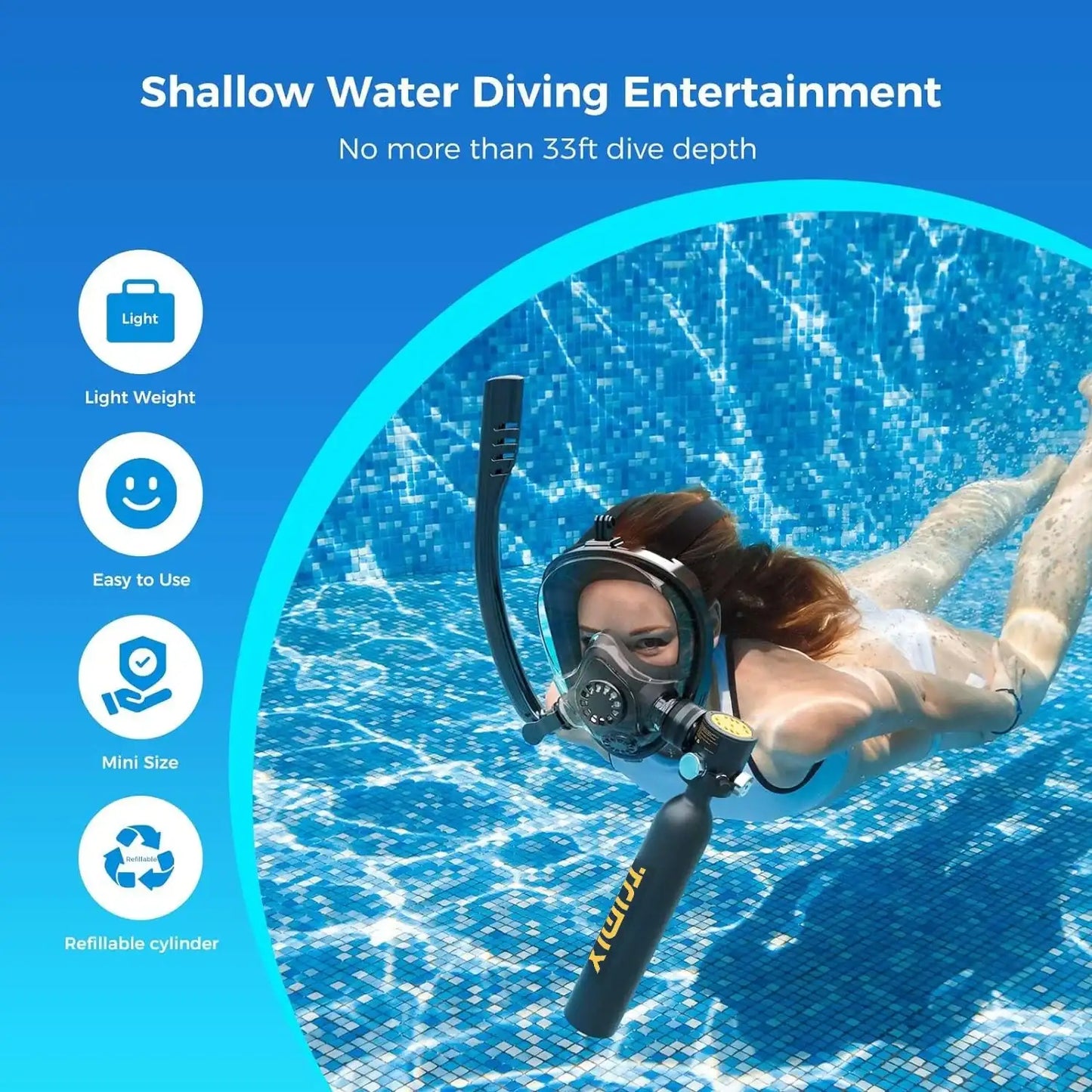 ShallowDive 0.5L Mini Scuba Tank + Snorkelling Mask – 10 min / 5 m